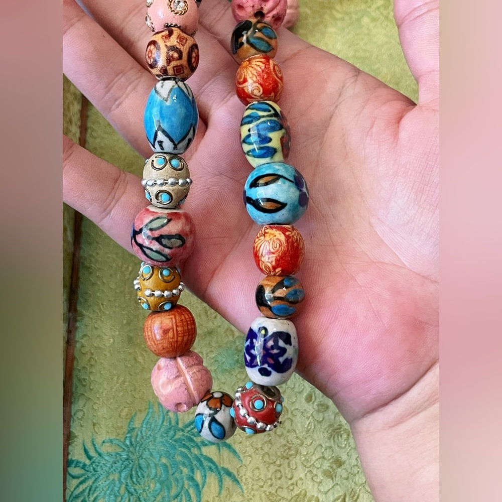 Vintage Handcrafted Chinese Porcelain Bead Necklace Ceramic Enamel Floral - Picture 4 of 12
